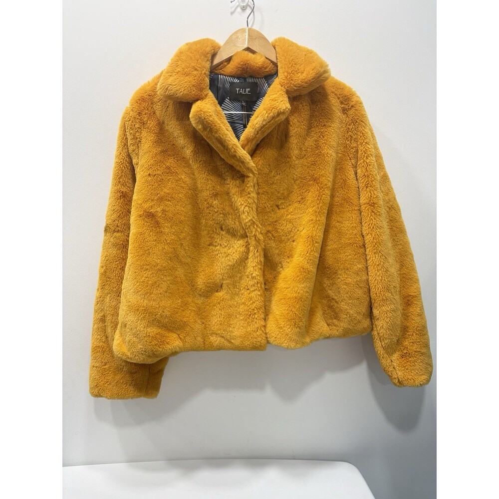 TALIE Womens Large Mustard Yellow Faux Fur Jacket Cropped Plush Statement Coat